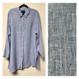 TAHARI 100% Linen Micro Check Long Sleeve MOP Button Tunic/Dress, Sz 2X